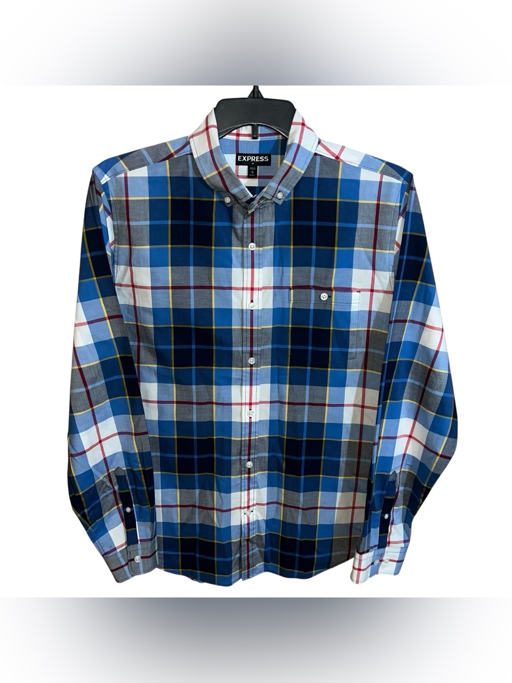 Express Casual Button Front Long Sleeve Shirt Men’s L 16-16.5 Blue White Checks